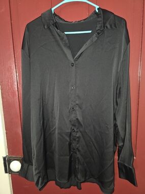 Women's SIZE XXL Classic Black Satin Button-Up Long Sleeve Blouse Spring Seaon